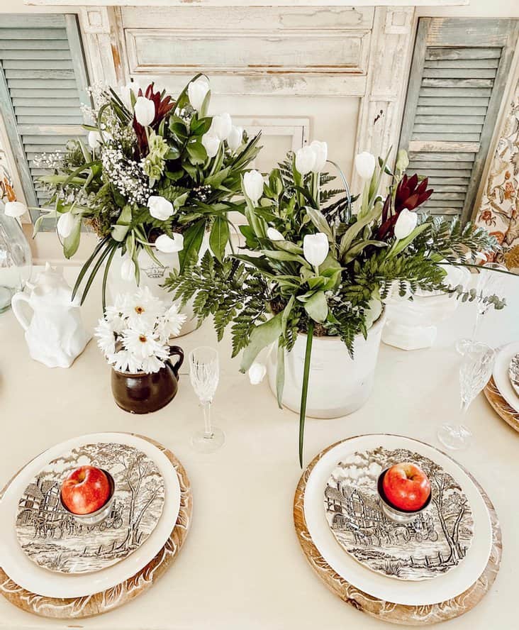 Vintage Crocks spring floral arrangements Looking down.