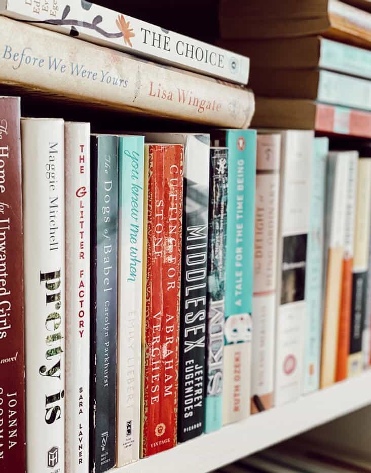 Close up of books on bookshelves.