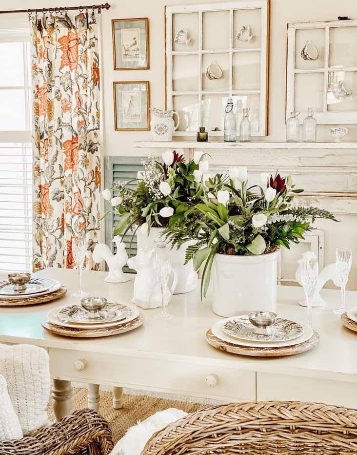 Vintage Crocks: Spring Floral Arrangements on Farmhouse Table