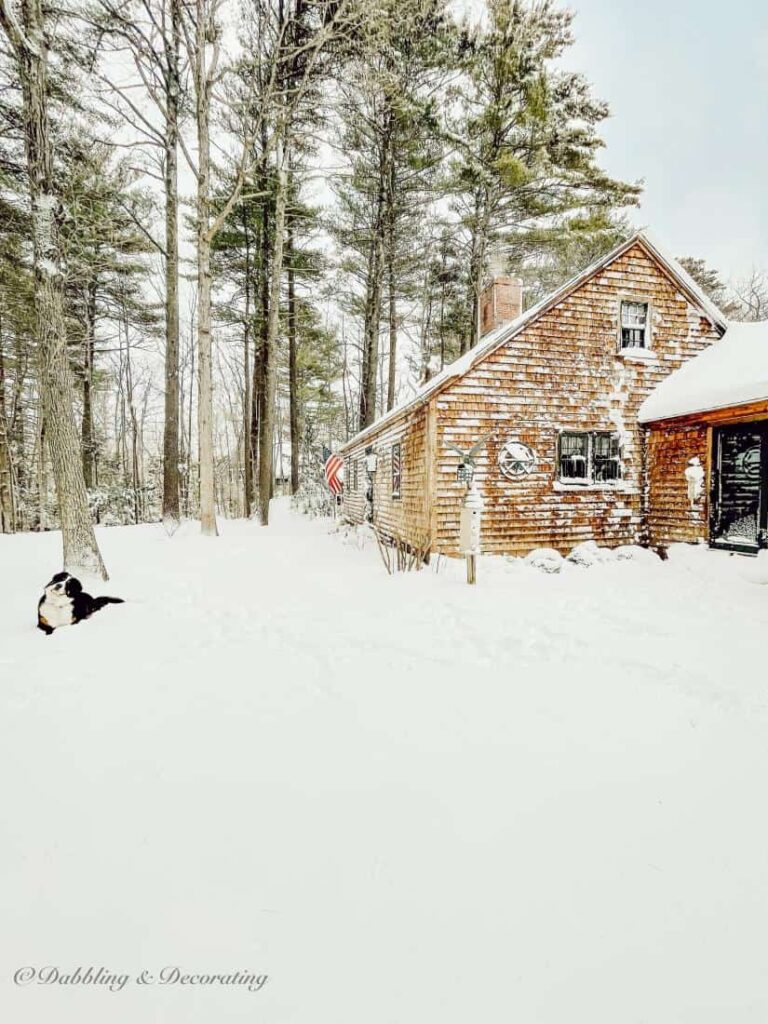 Cedar shakes home in Maine during snow storm.