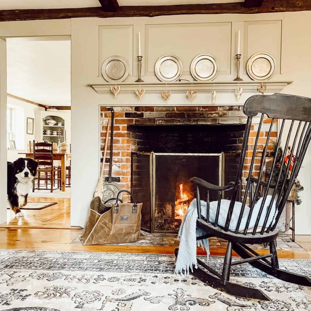 Cozy fireplace during snow day at home.