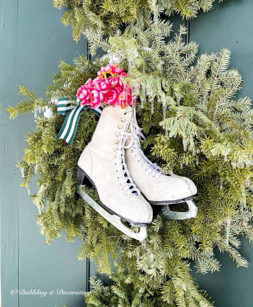 Valentine's Day Wreath with Ice Skates on Front Door