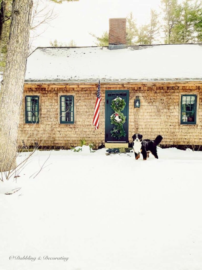 Cottage in Maine with Valentine's Day Wreath on Front Door