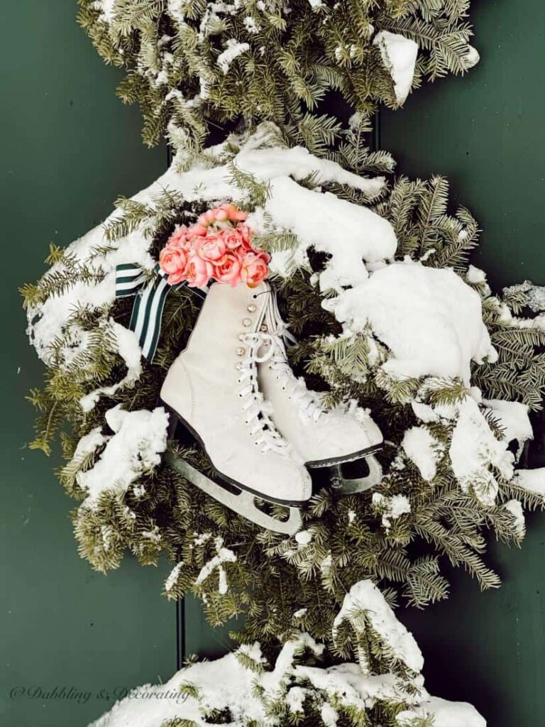 Valentine's Day Wreath with vintage ice skates and pink flowers
