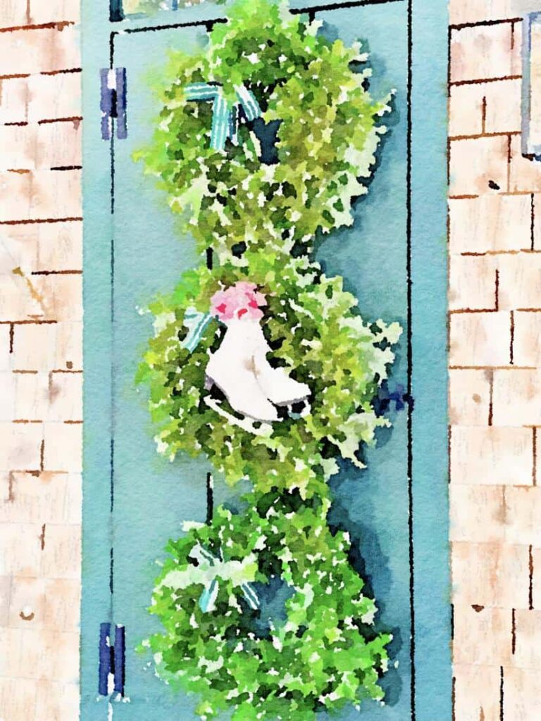 Waterlogue drawing of front door wreaths.