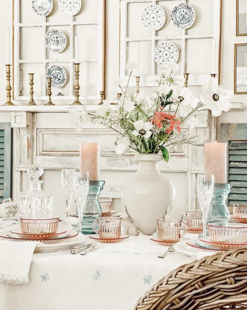 Depression Glass Cherry Blossom Pink Table  with spring flowers  and vintage mantel.