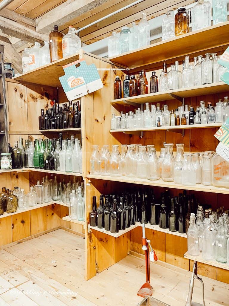 Collection of vintage bottles in a store