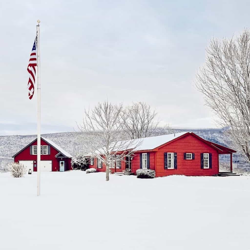 Red Ranch Home in the Vermont Mountains in winter.