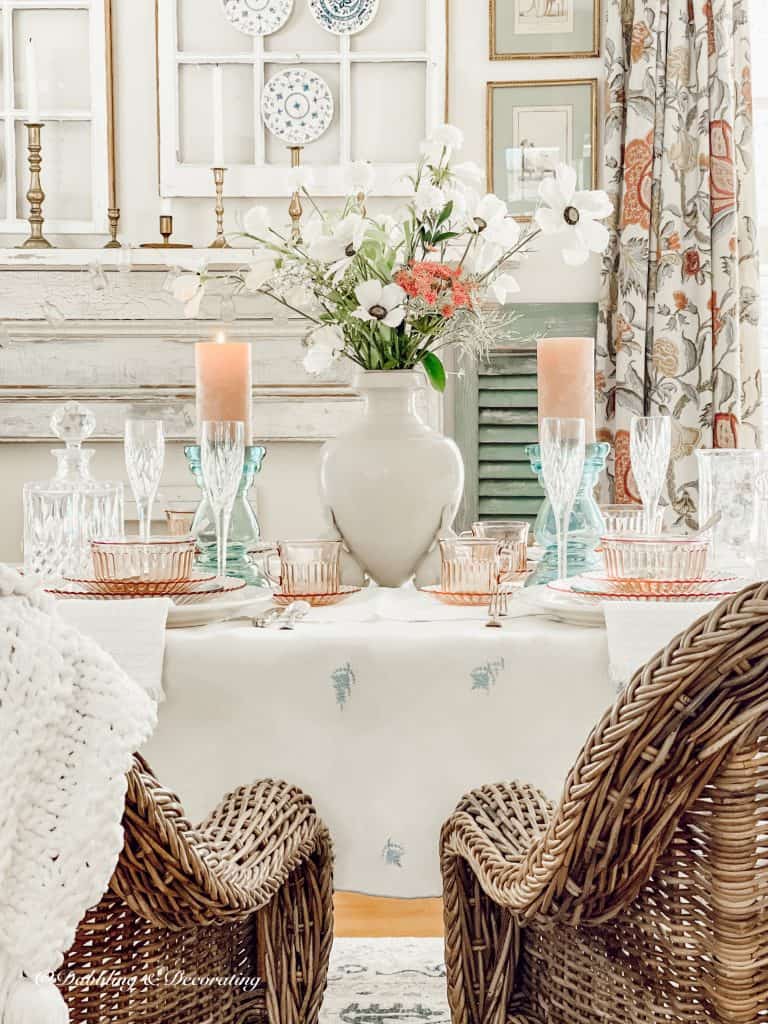 Depression Glass Cherry Blossom Pink Table decorated for spring.