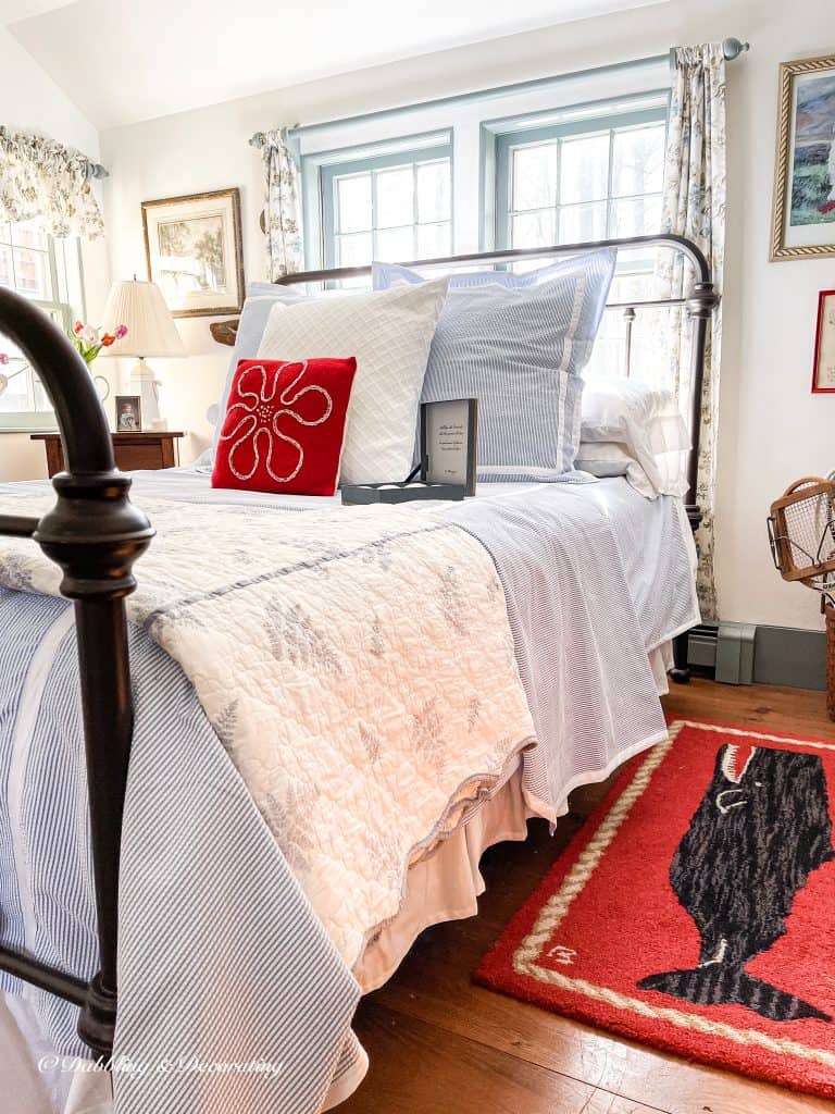 Coastal Styled Guest Bedroom with Seersucker Bedding.