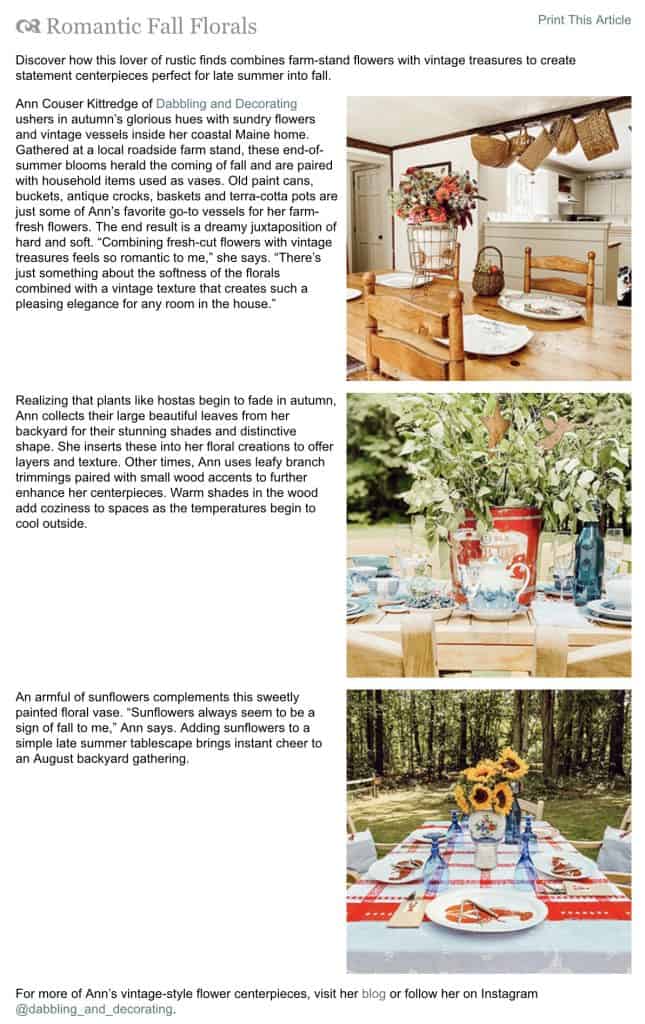 Country Sampler Magazine Article Romantic Florals