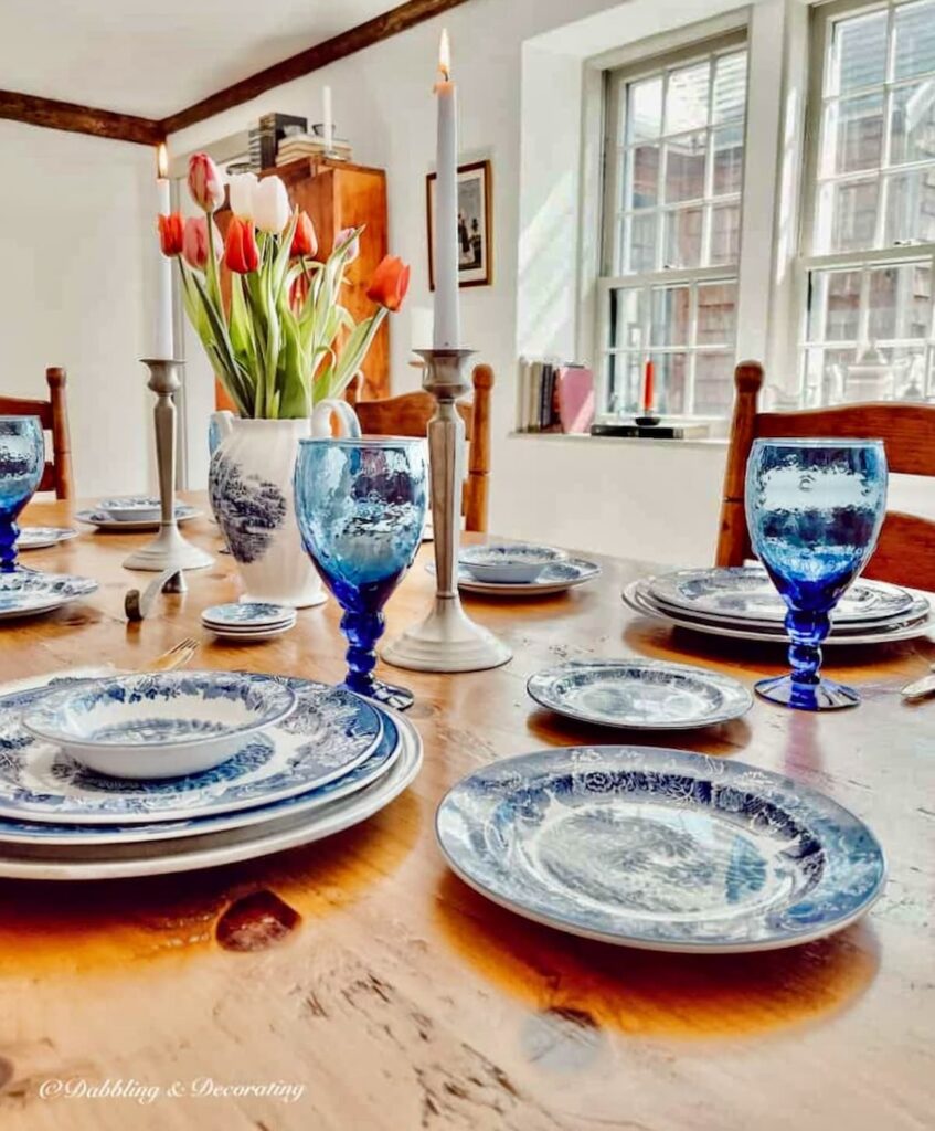 Mothers Day Table Setting- Antique in Blue with colorful tulip centerpiece in tea pot.