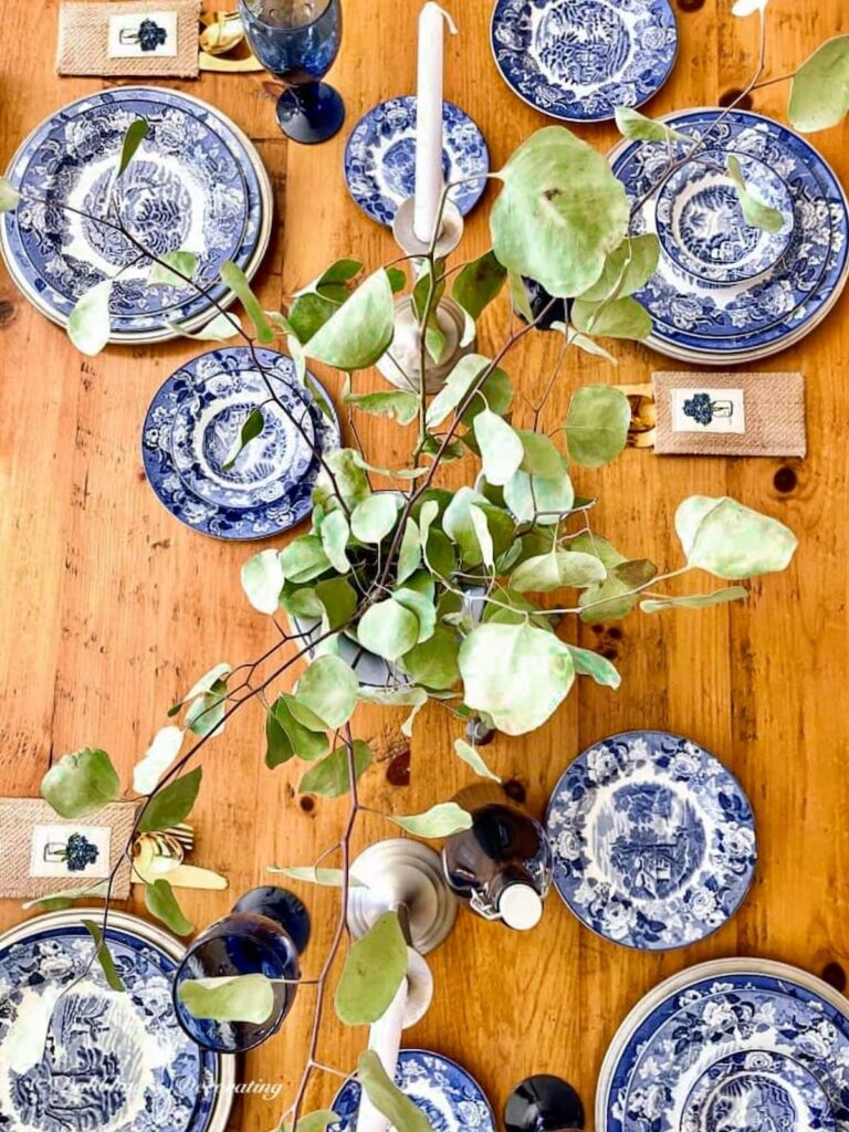 Mothers Day Table Setting with antique blue and white dishes