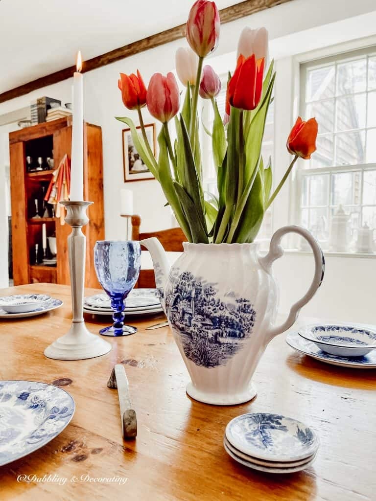 Mothers Day Table Setting Centerpiece with Tulips and Vintage Tea Kettle