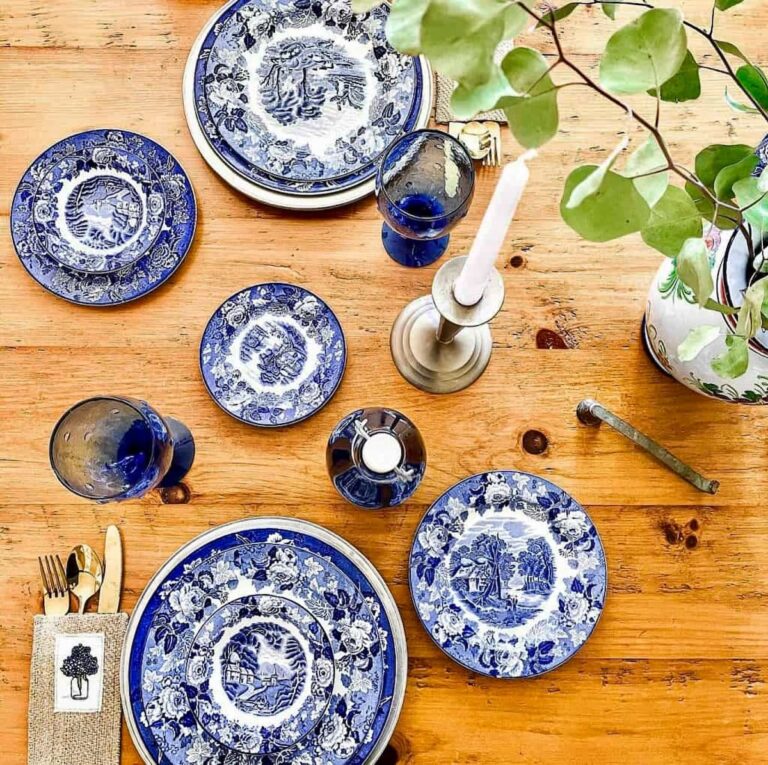 Mothers Day Table Setting with Blue and White Vintage Dishes