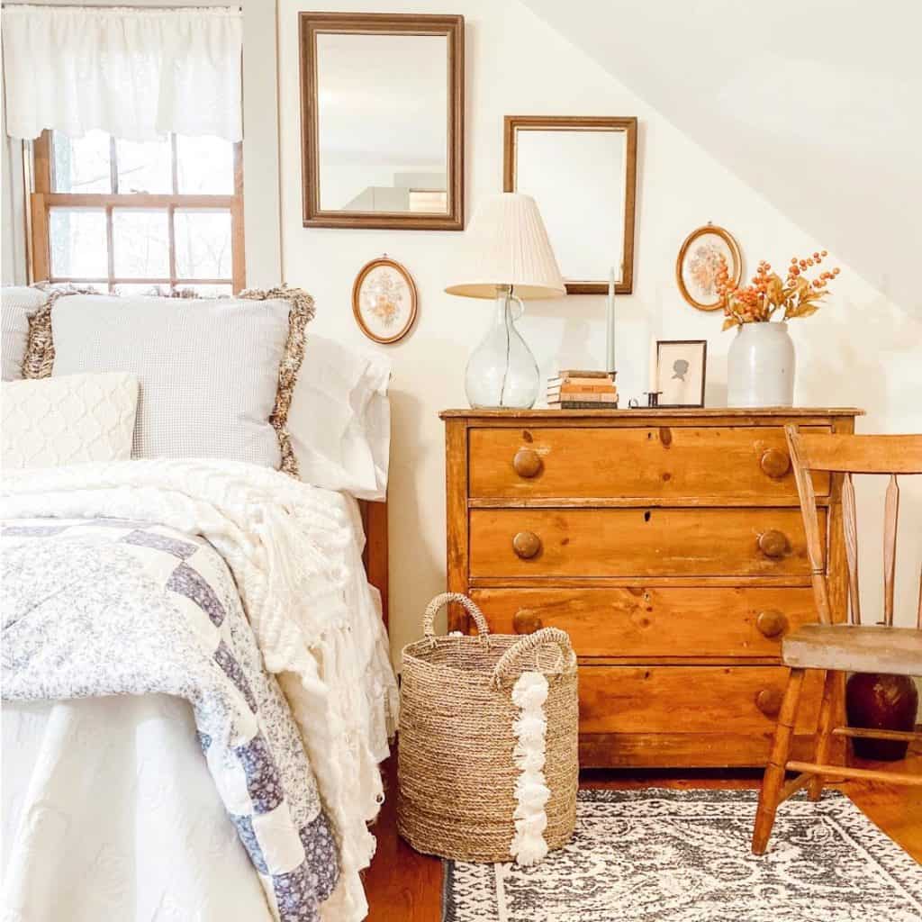 Attic bedroom with dresser and bed vintage style.