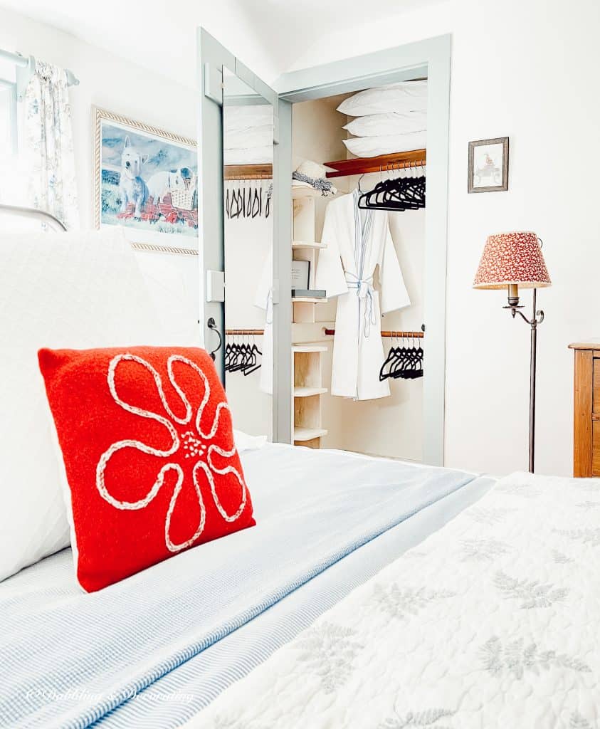 Black velvet hangers in guest bedroom closet.