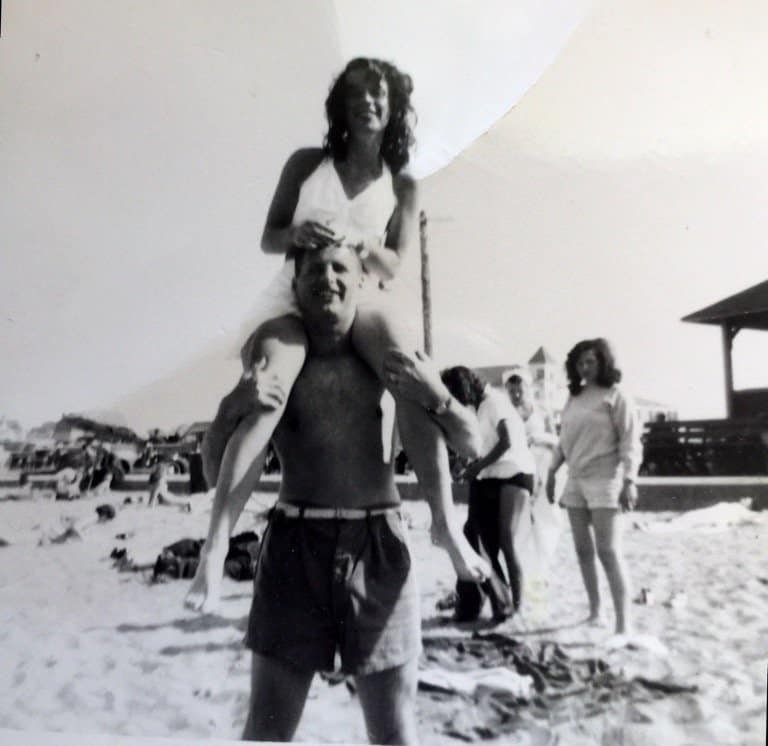 My mother on my father's shoulders in their 20's at Short Sands Beach, Maine.