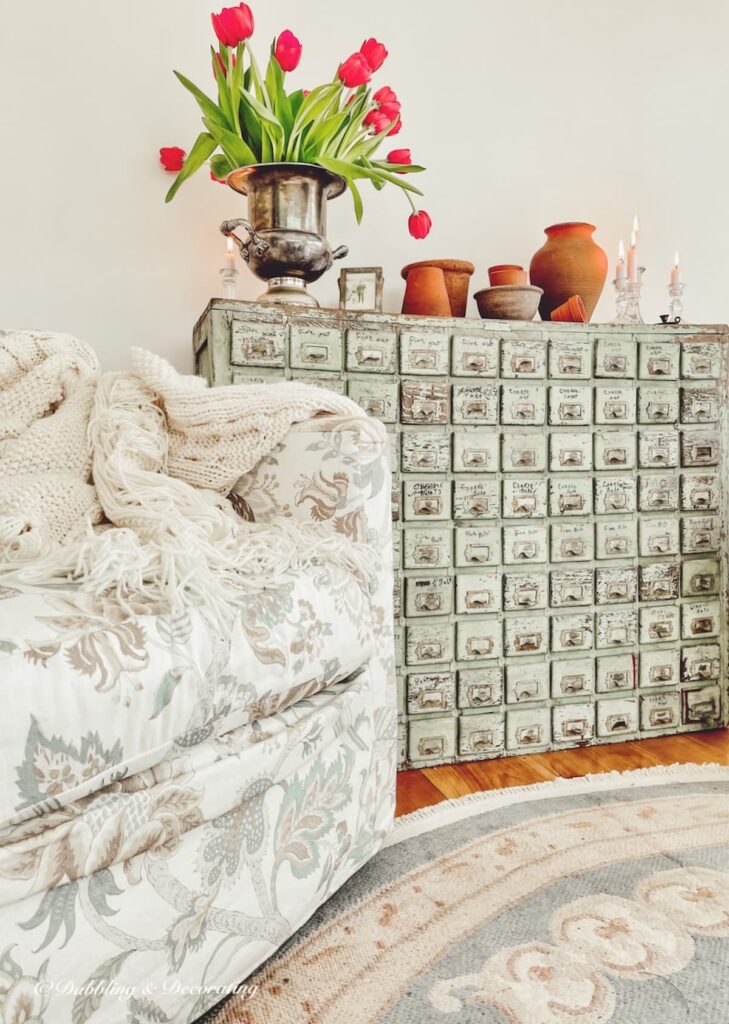 Vintage apothecary decorated with garden pots indoors with tulips