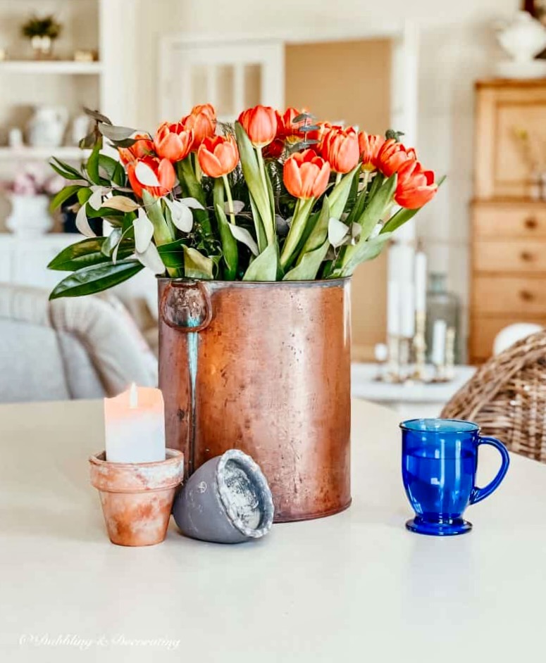 Copper Bucket with Orange Tulips Table Centerpiece