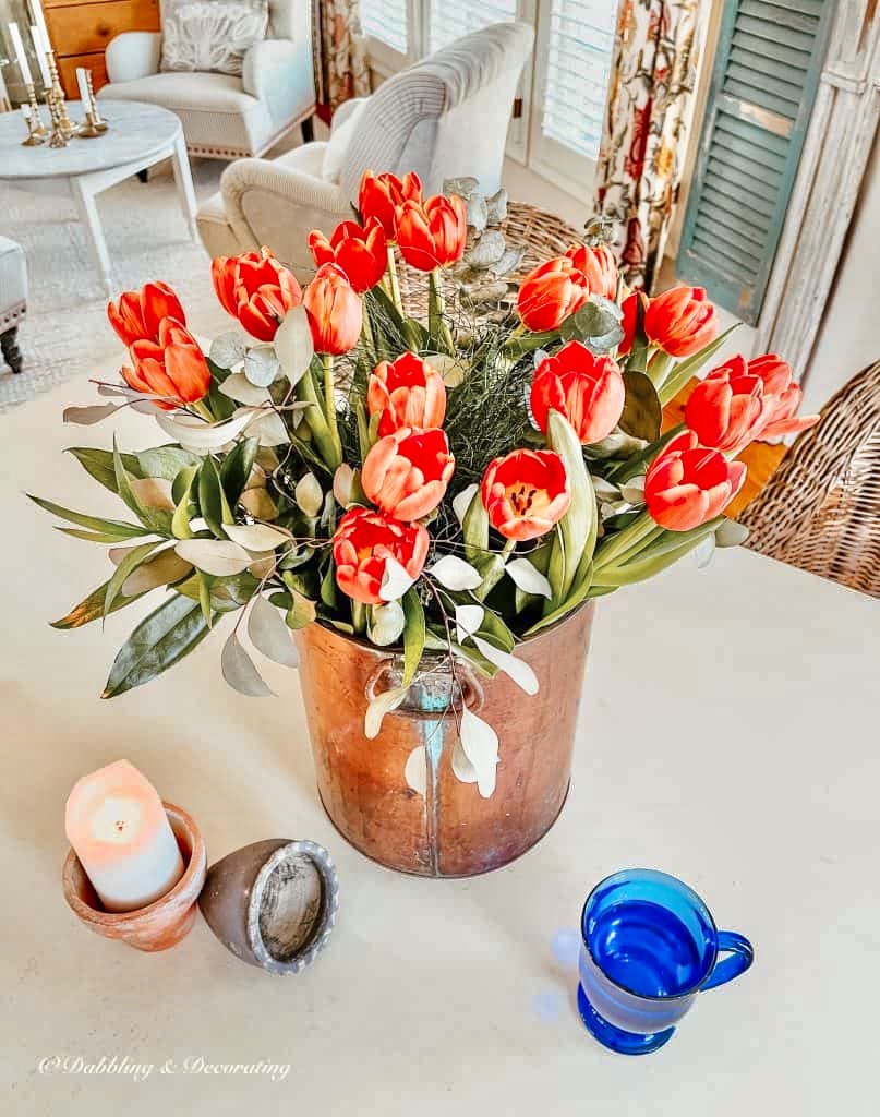 Copper Bucket with Orange Tulips Table Centerpiece