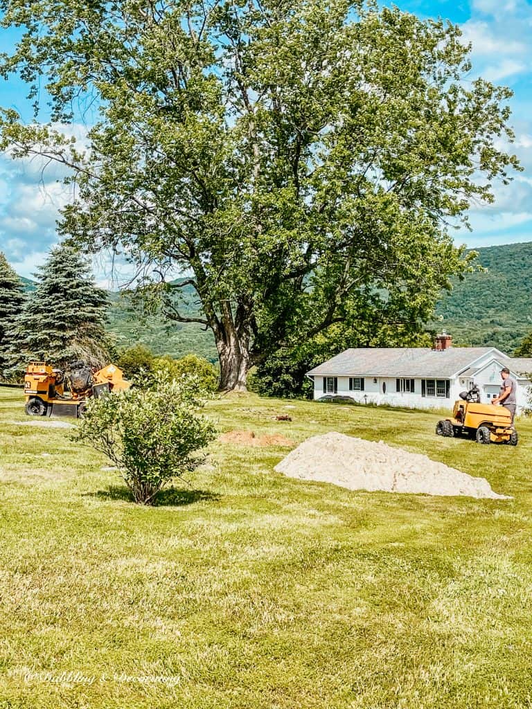 Wood chipper and men grinding tree stumps.