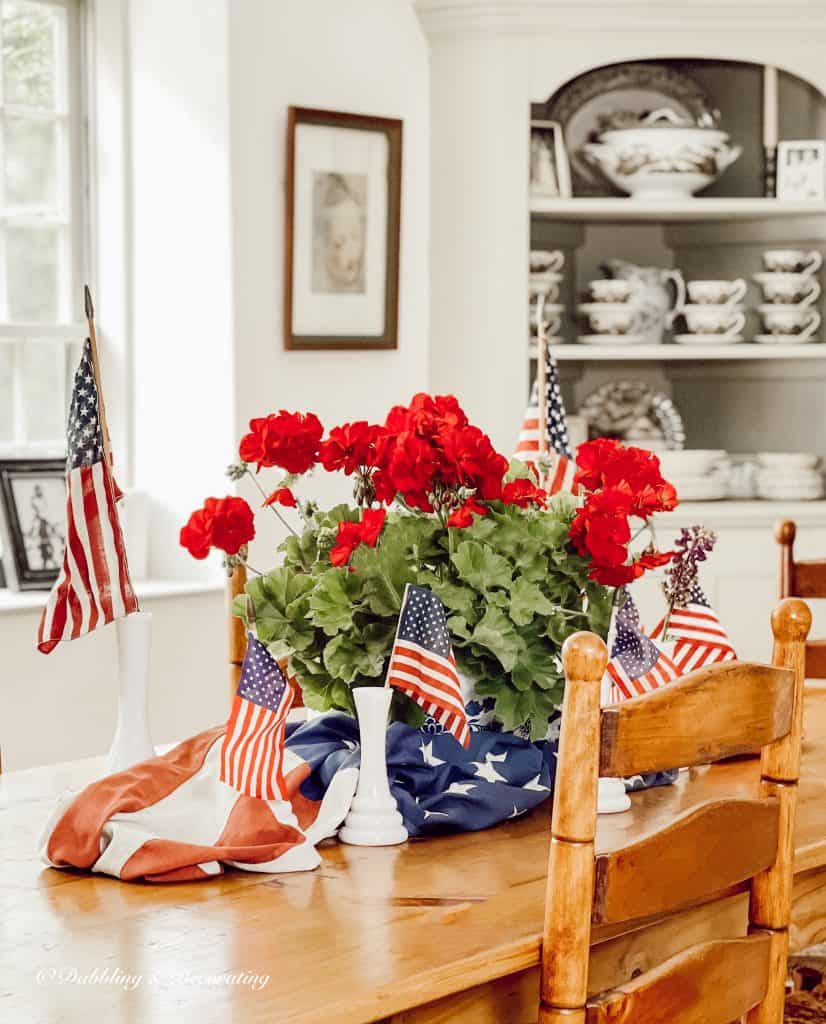 Vintage Patriotic Decor Geranium Table Centerpiece with USA Flags.