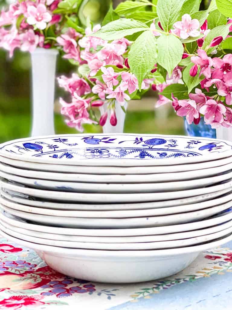 stack of blue and bowls, yard sale finds.