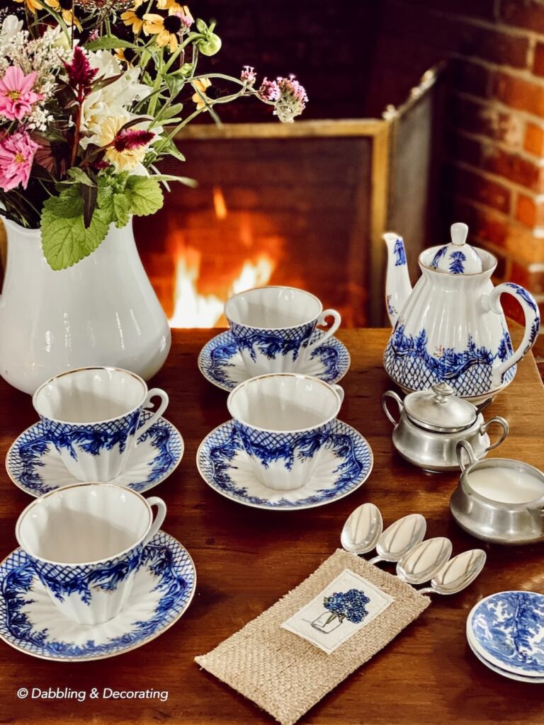 Fireside Table with Blue and White Coffee Set