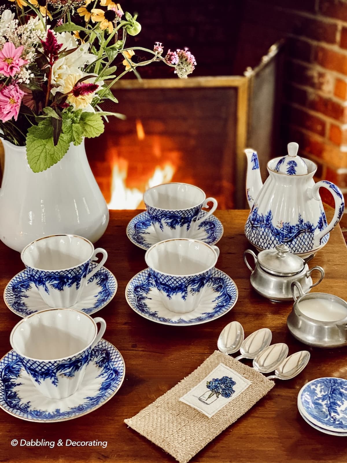 Cozy Fireside Table ideas with Blue and White Coffee Set in old New England home.