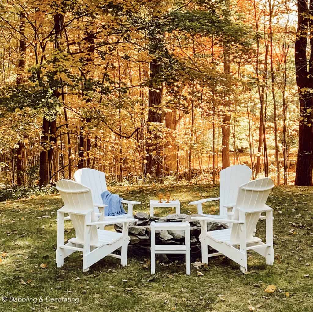 Coastal Maine Natural Stone Fire Pit with Adirondack Chairs.  How to Design a Backyard Fire Pit Conversation Set