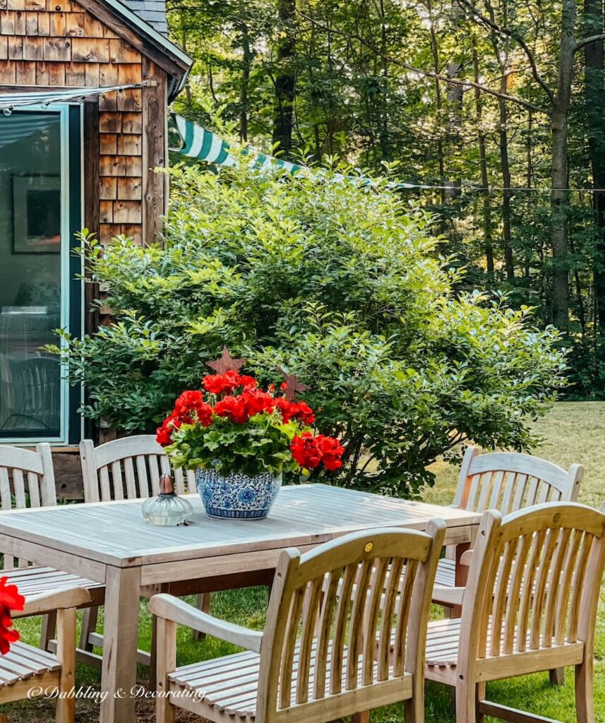 Backyard teak table set with red geranium centerpiece.