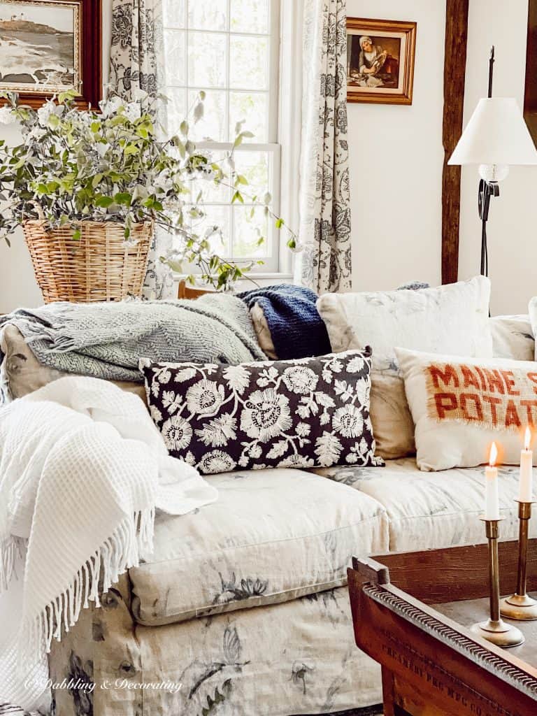 Wildflower Arrangements in baskets in living room decor.