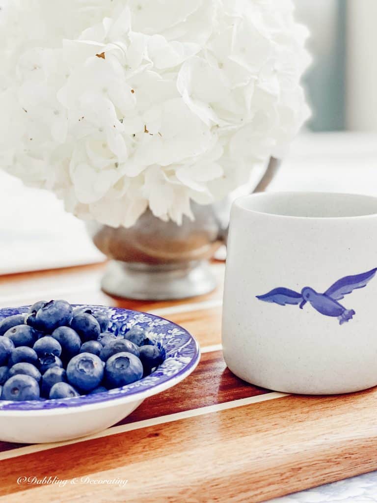 Bowl of blueberries, seagull mug on nautical serving tray.