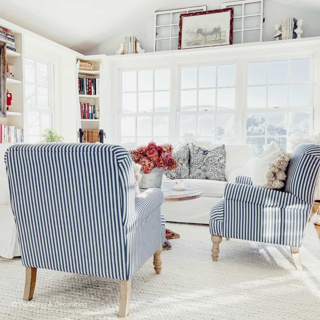 Blue and White Decorated Sunroom.