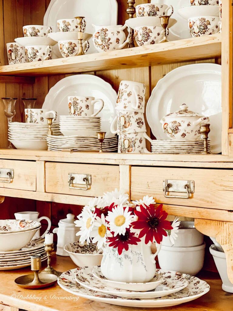 Johnson Brothers Autumn’s Delight- A Thrifted Dishware Set in Vintage hutch.