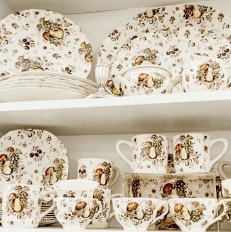 Set of Johnson Brothers Autumn's Delight dinnerware at thrift store.