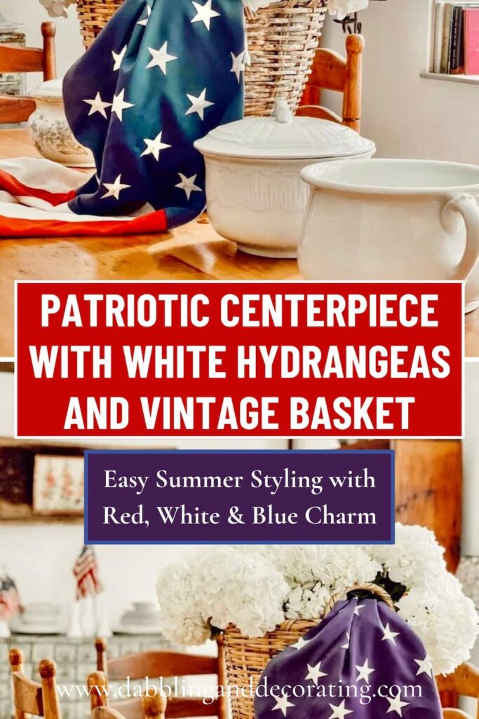 Patriotic centerpiece with white hydrangeas and vintage basket