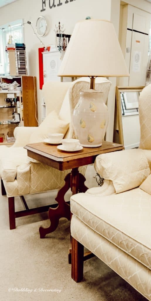 Vintage wooden table in thrift shop.