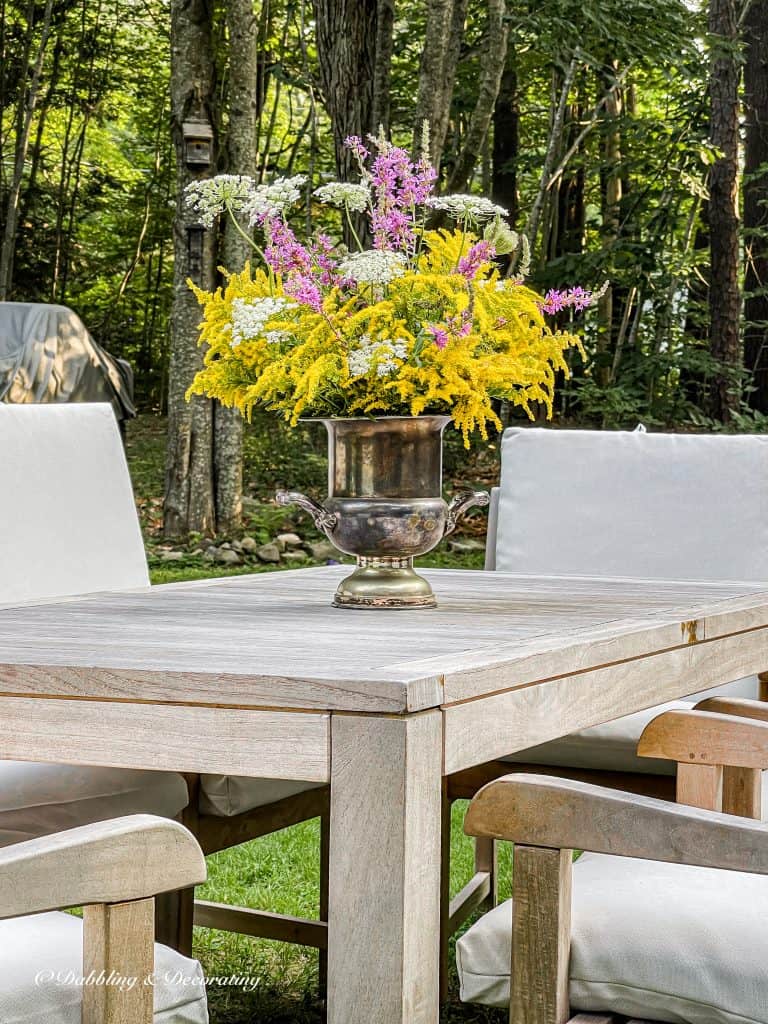 Weed Flower Arrangement Outdoors. Goldenrod, Queen Ann's Lace and purple