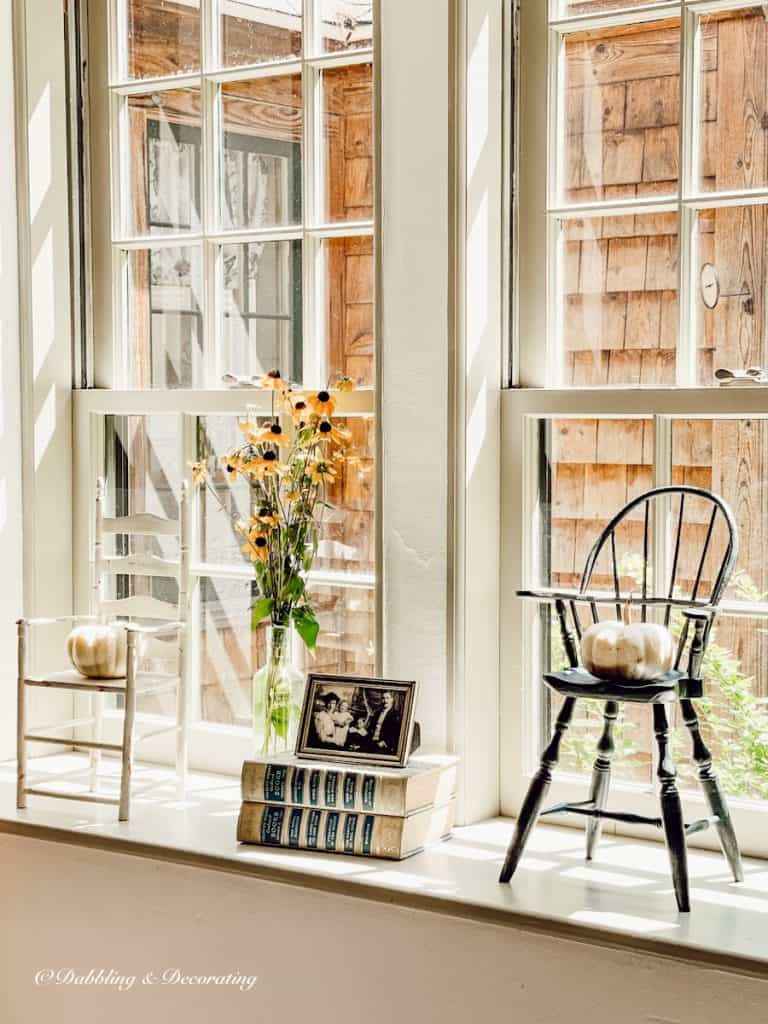 Fall Windowsill displayed with second hand shops finds.