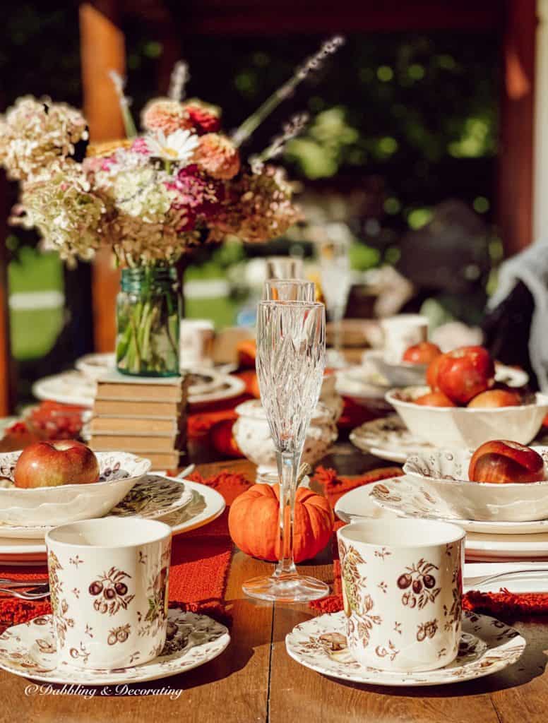 Fall Centerpiece and Johnson Brother's Autumn's Delight table setting.