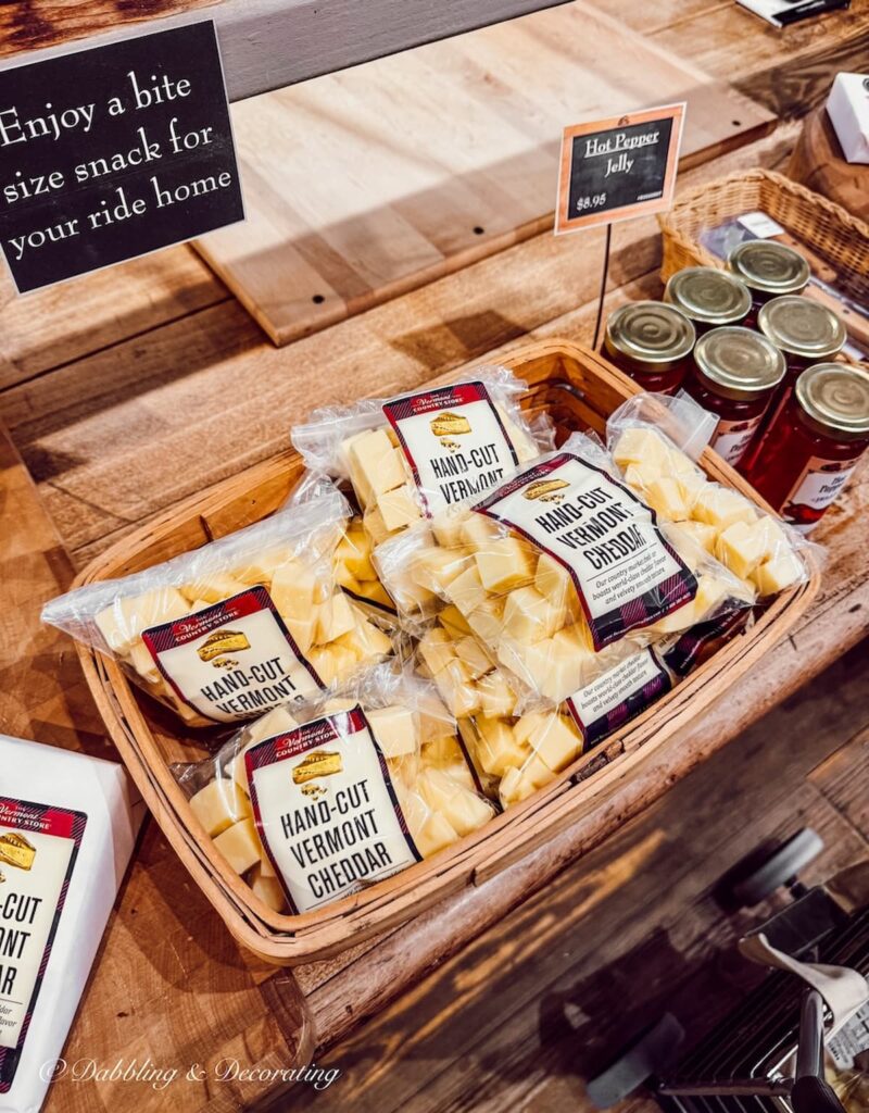 The Vermont Country Store's snack cheese sample packets in a basket in the cheese room.