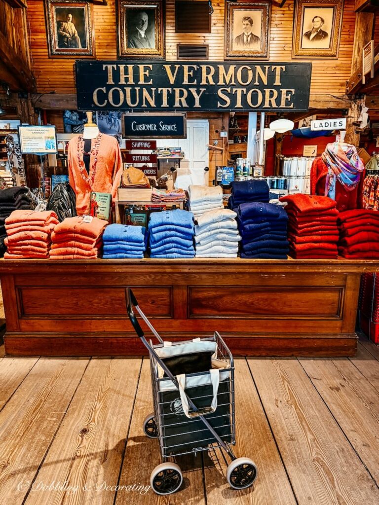Inside the front door of the Rockingham, Vermont Vermont Country Store with small shopping cart.