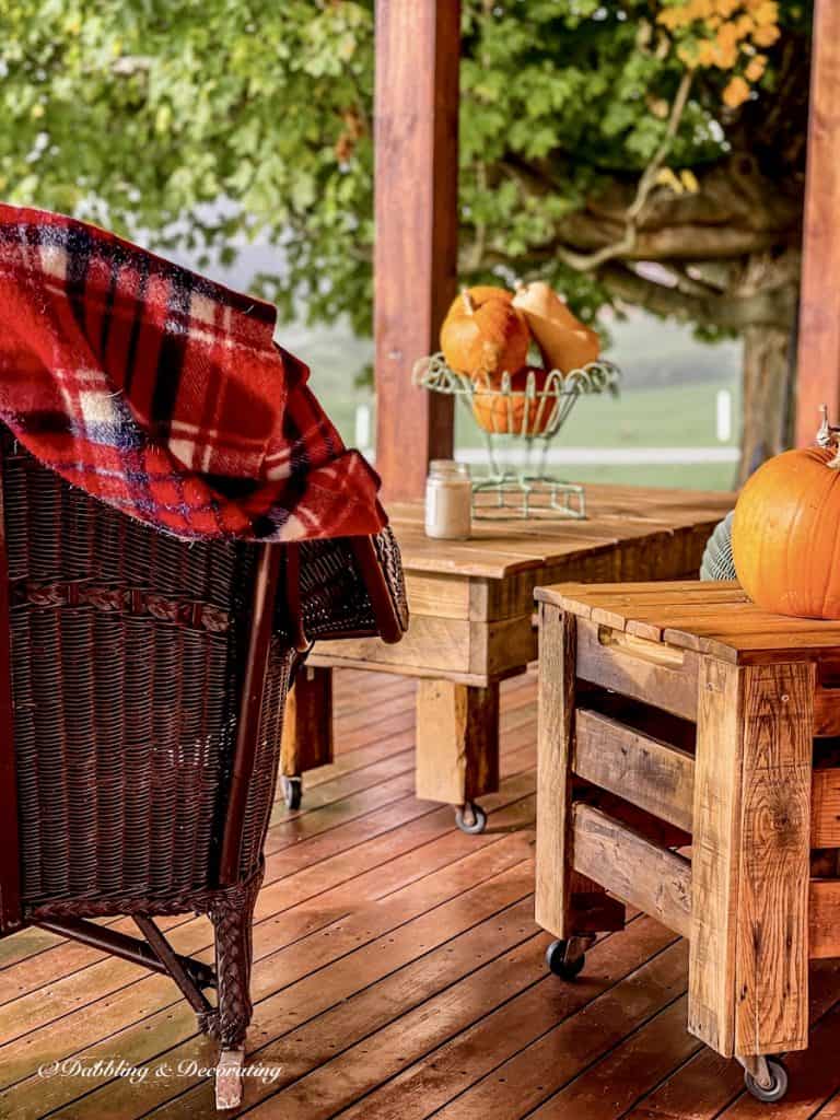 Vermont Foliage, Pumpkins, Porch, blanket.