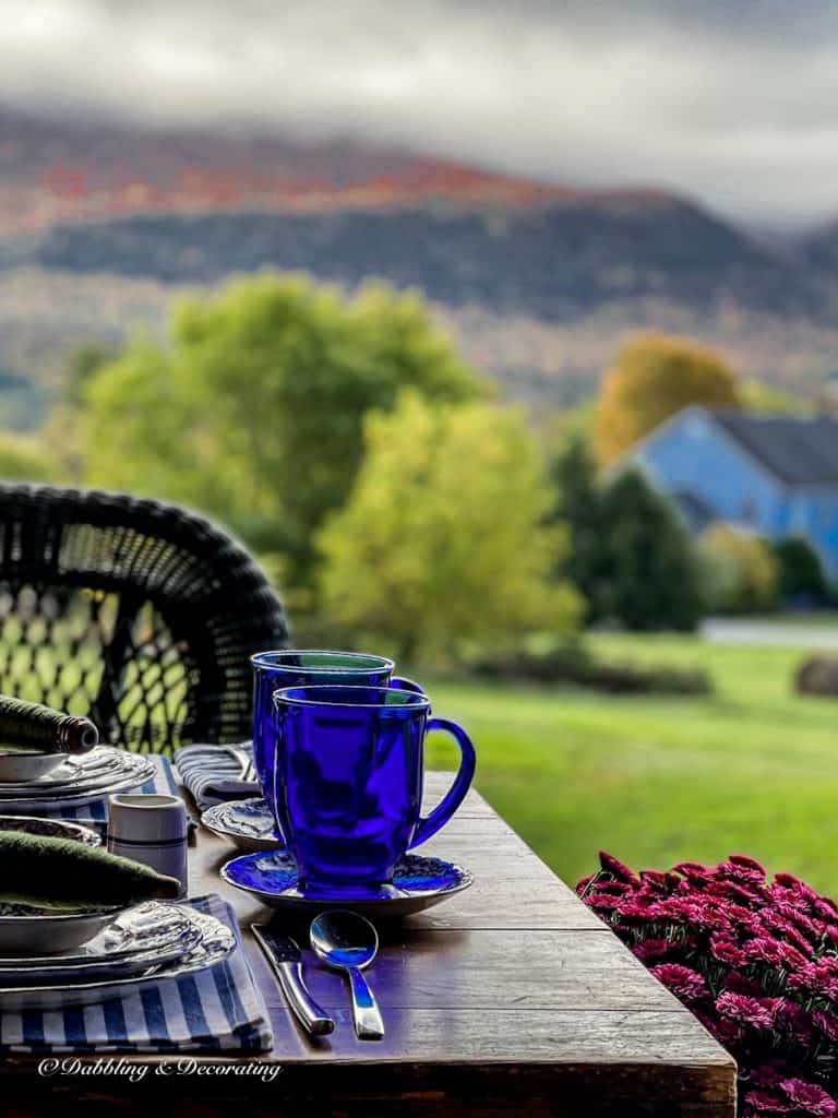 Blue glasses on a table with Vermont foliage in the background.