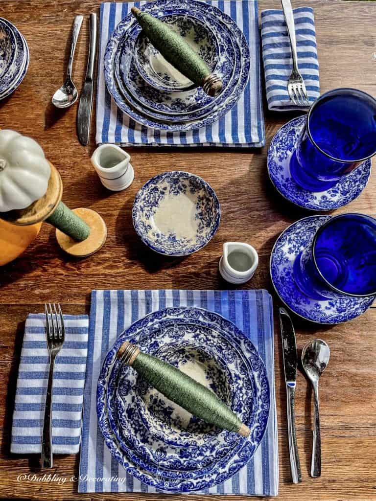 Blue and White table setting with vintage dinnerware