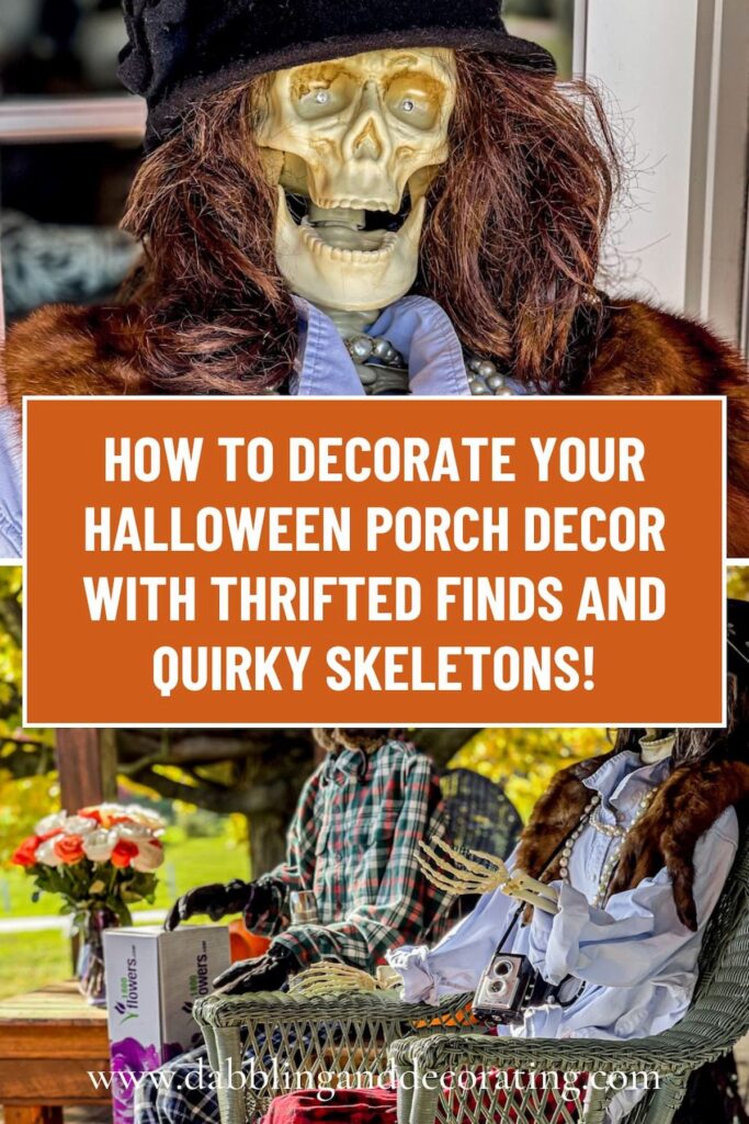 How to decorate your halloween porch decor with thrifted finds and quirky skeletons!