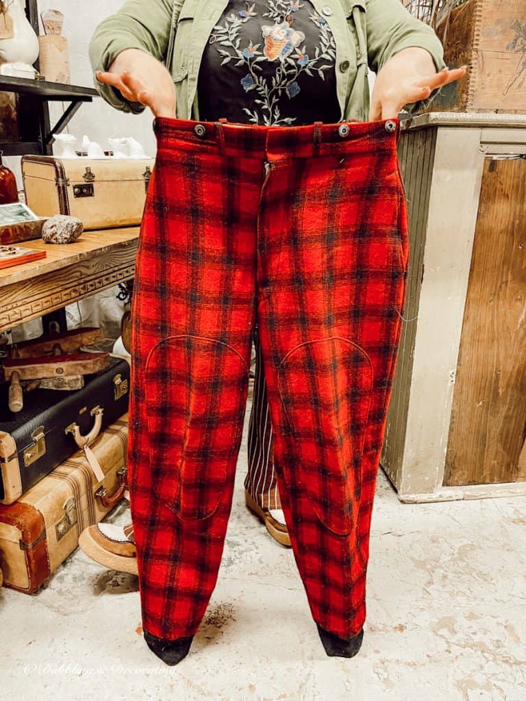 Red flannel men's pants at Vintage Market Days Vermont.