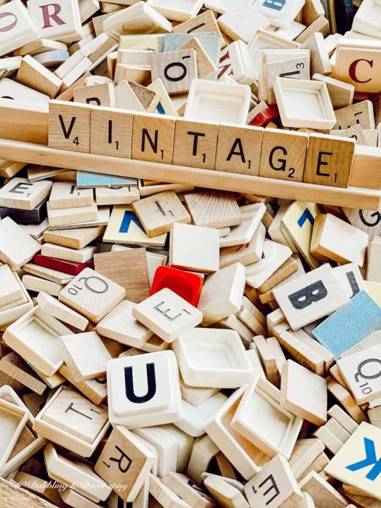 Scrabble letters spelled out as vintage on Scrabble holder at Vintage Market Days Vermont.